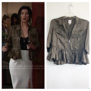 Cinq a Sept Helene Zip Up Short Sleeve Peplum Utility Jacket Blouse Olive Small